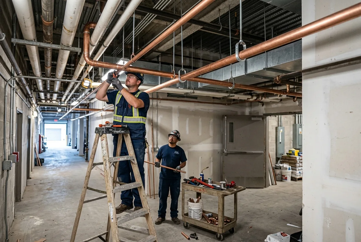 Copper piping installation in a commercial utility corridor