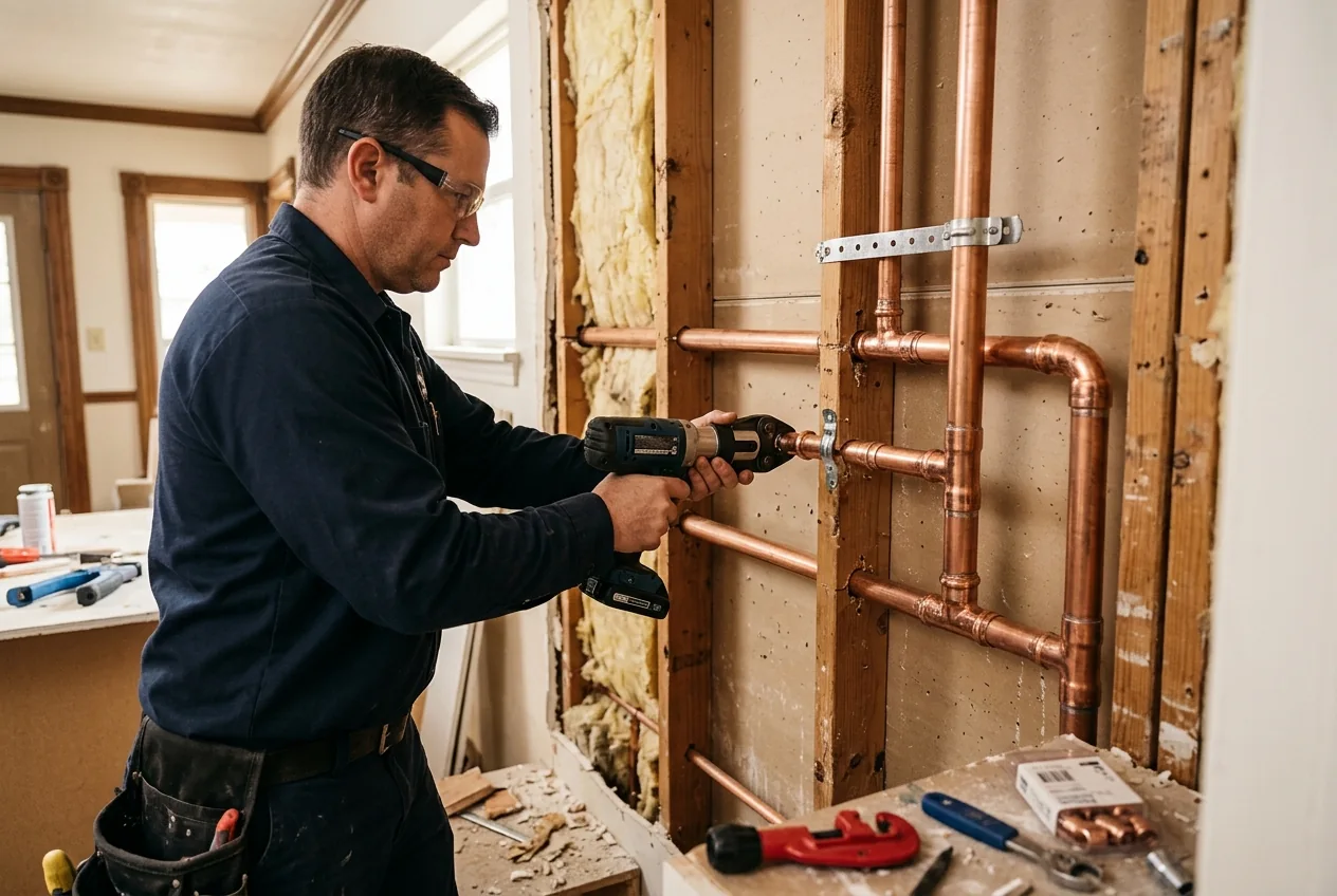 Plumber working on new copper domestic water piping and fittings