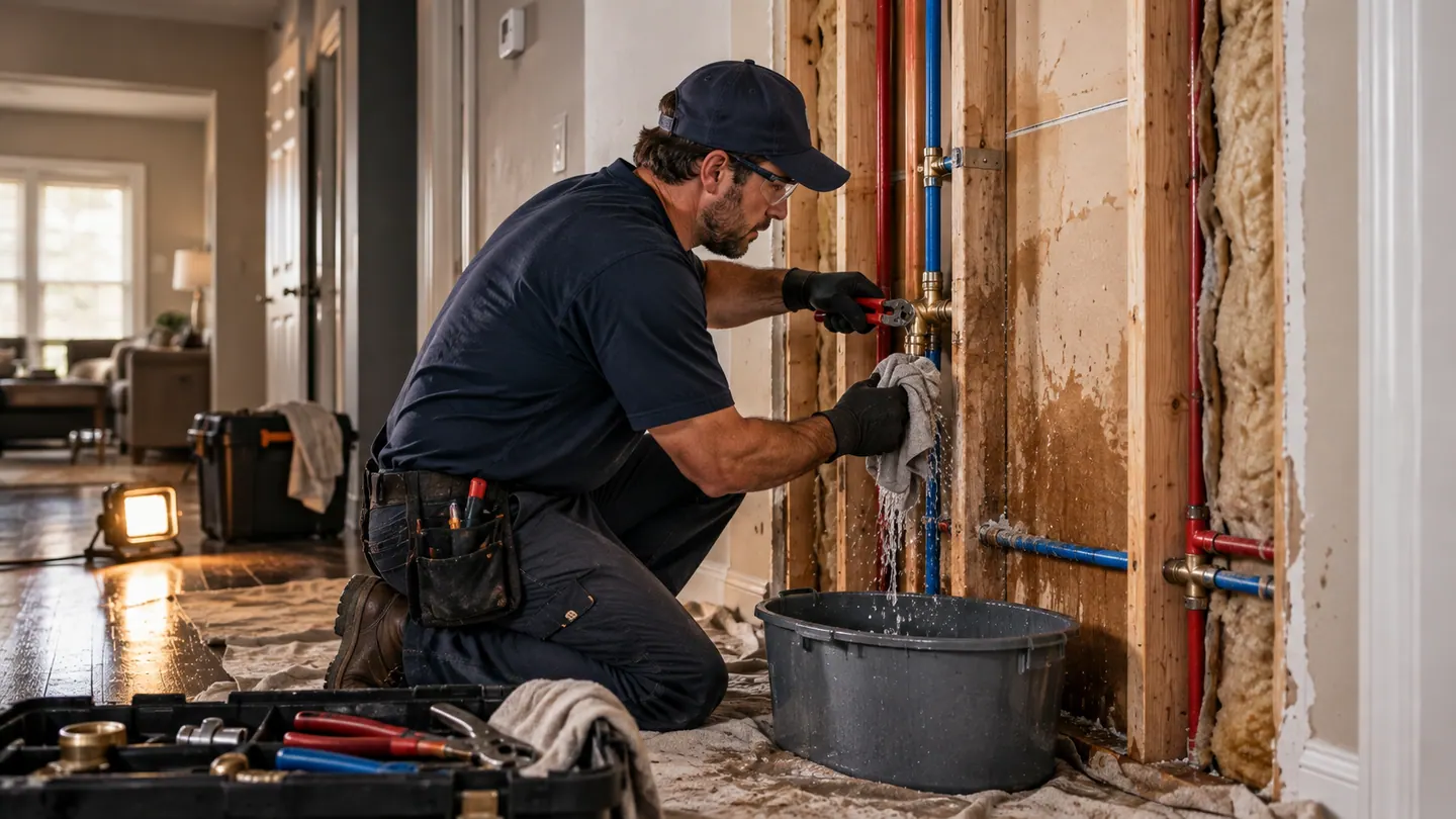 Plumber isolating a leaking water supply connection during an urgent repair