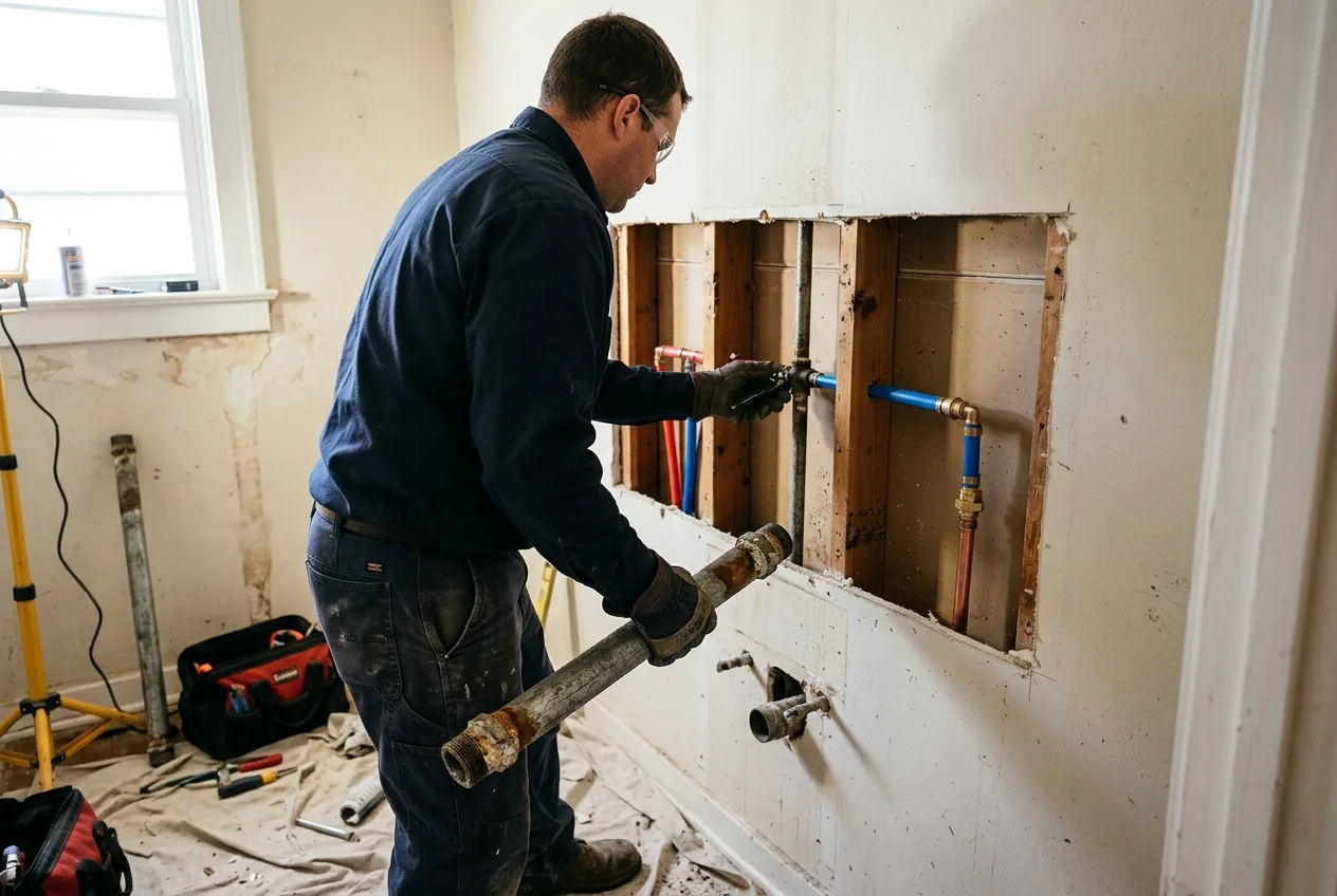 Old galvanized steel plumbing removed during water supply pipe replacement