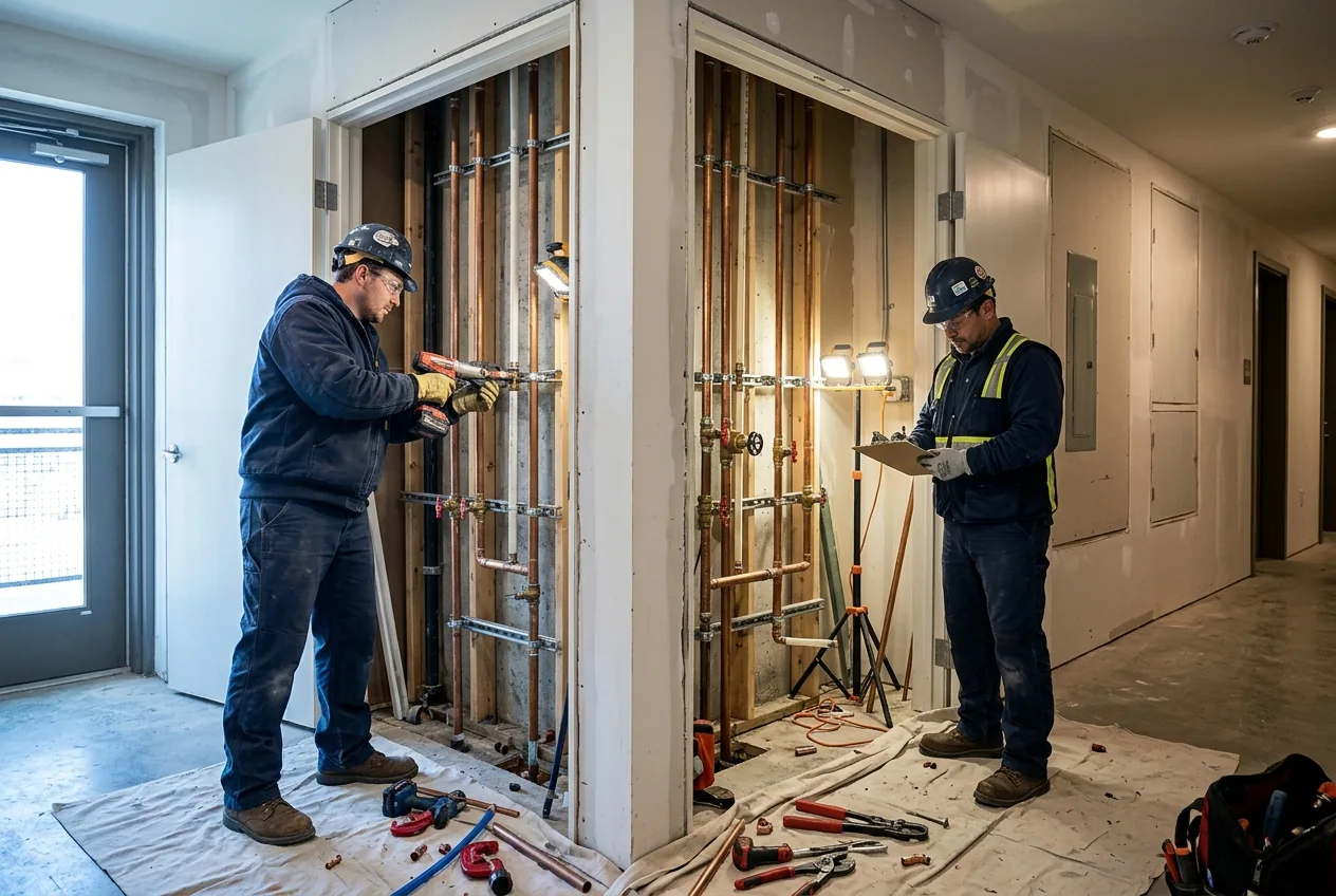 Plumbers working on apartment water supply distribution risers