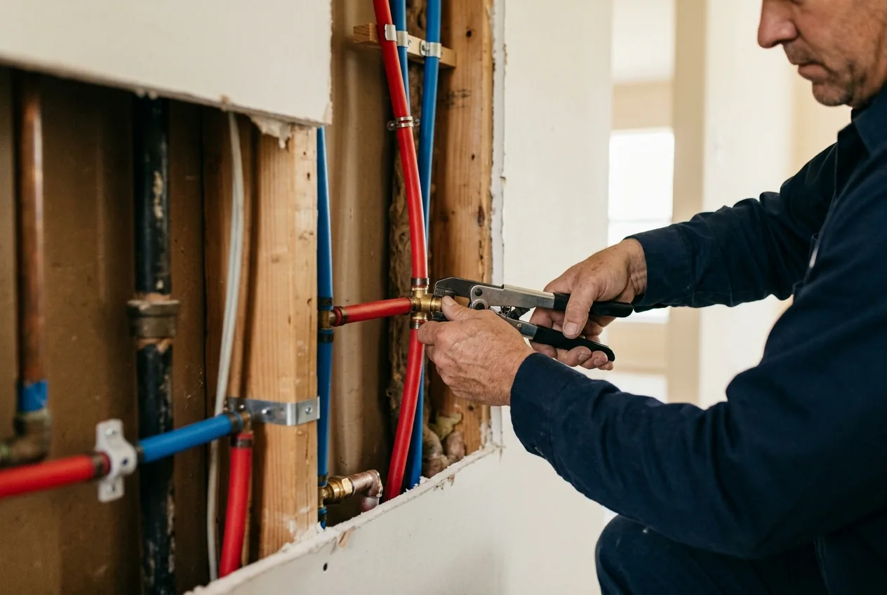 Plumber connecting new PEX water supply tubing in an opened wall