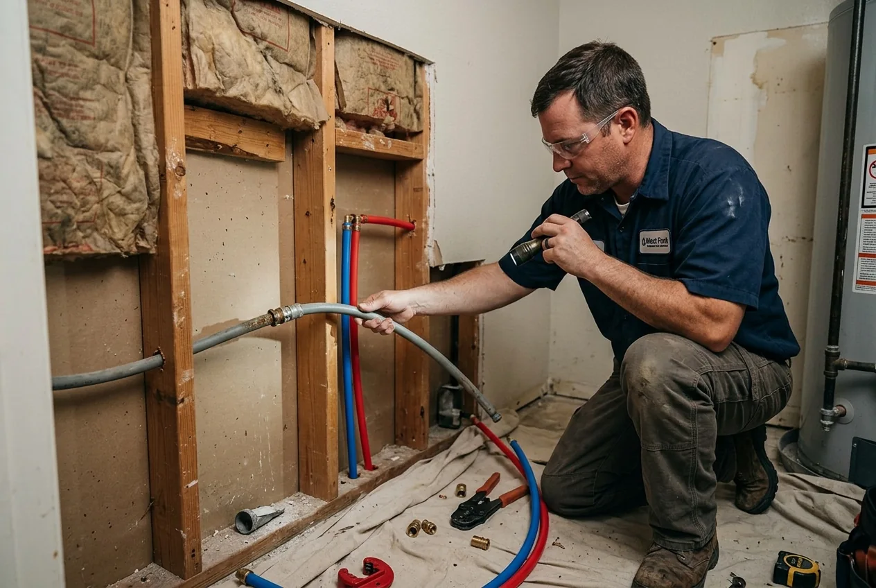 Plumbing technician working on exposed water-supply lines during pipe replacement