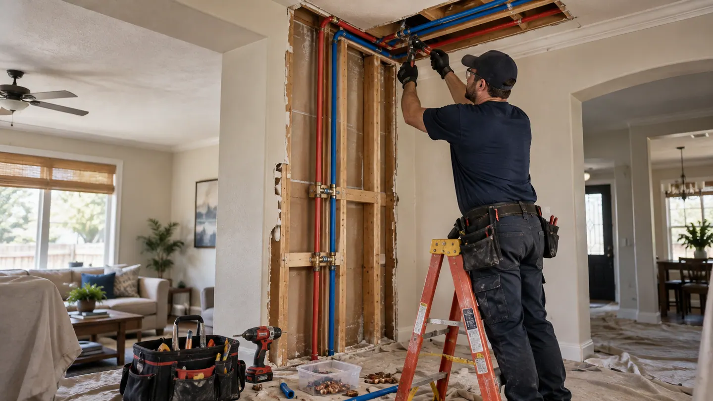 Plumber rerouting a water supply line away from an inaccessible slab run