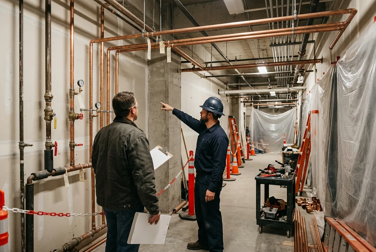 Plumbing work coordinated in a commercial building service corridor