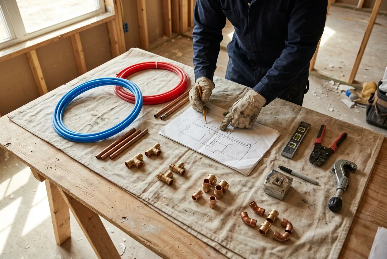 Copper, PEX and fittings laid out while planning a home water-line replacement