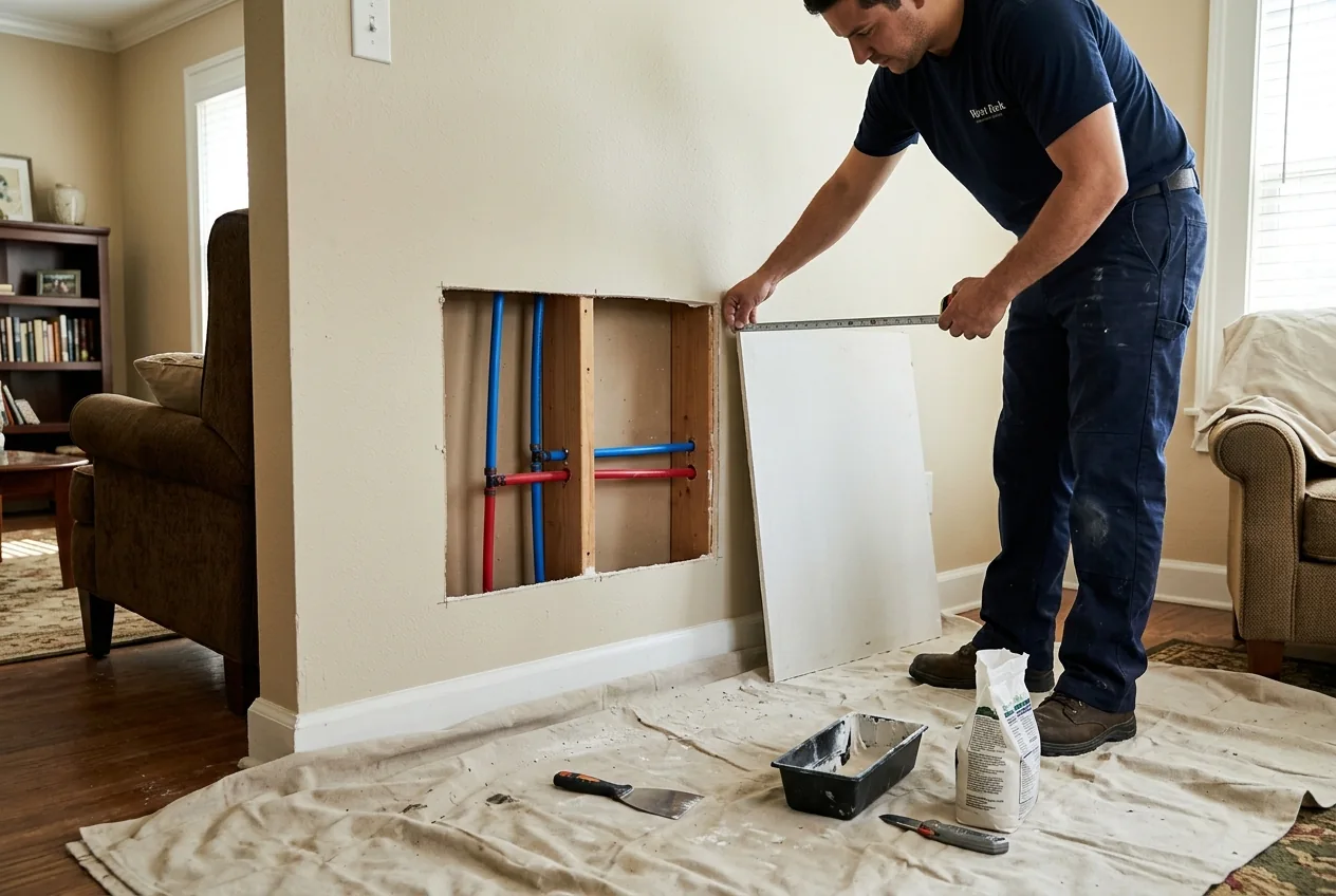Worker fitting drywall near an accessible newly installed water supply line