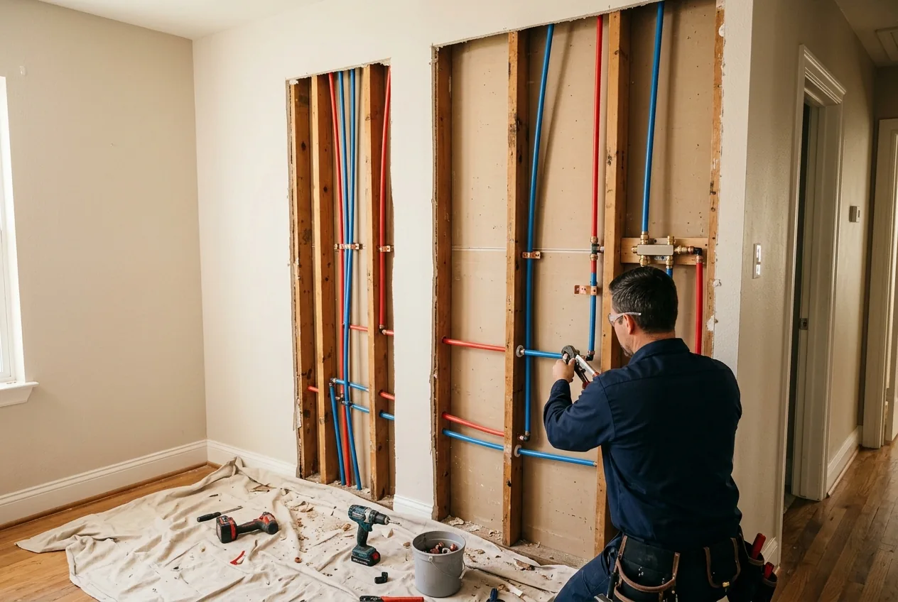 New water supply lines installed inside the open wall of a home